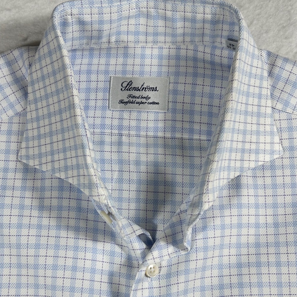 Stenstroms Fitted Body Shirt Mens 16.5 42 Twofold Super Cotton Glen Plaid Blue